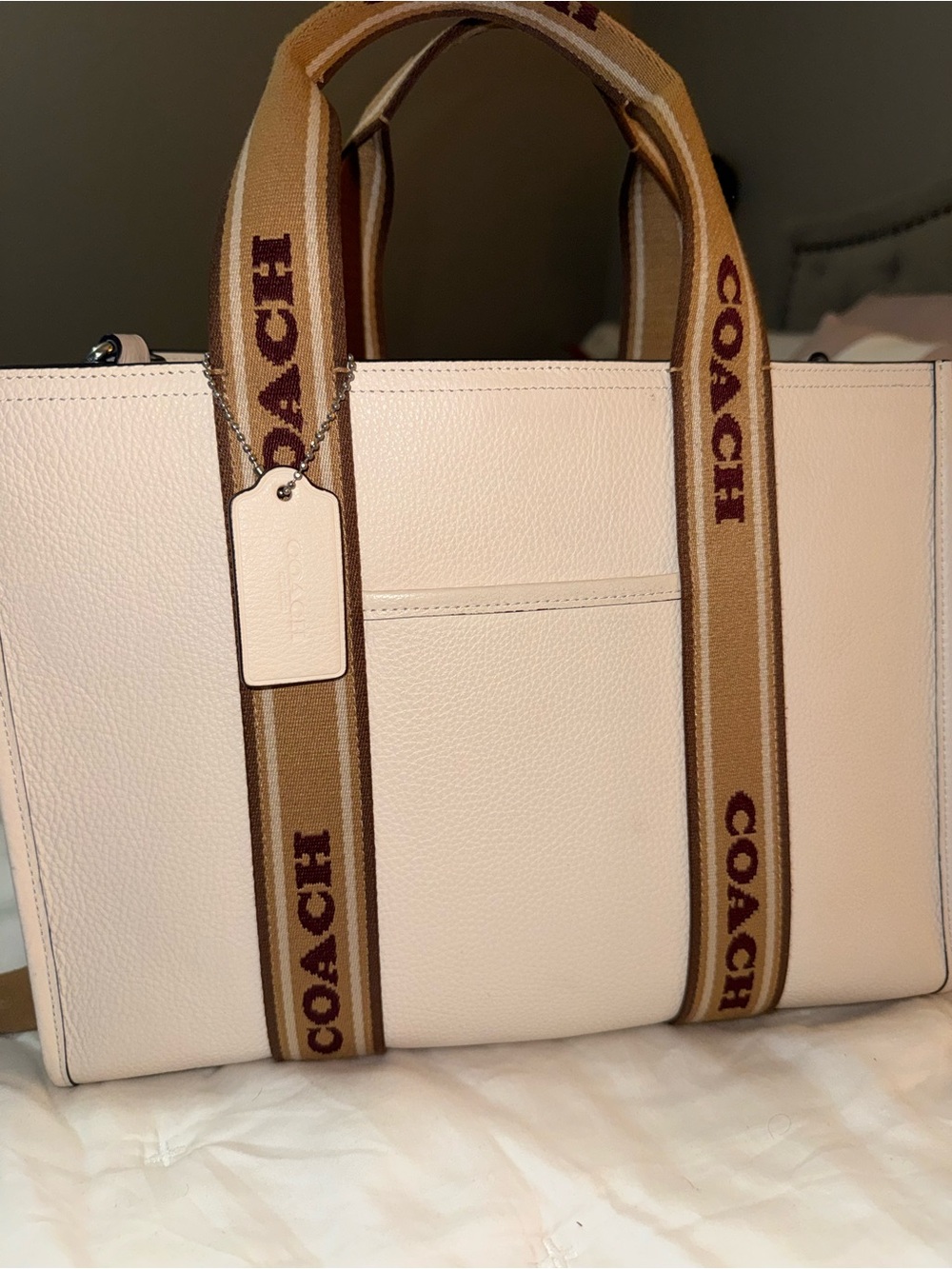 Coach Pebble Leather Tote with Branded Canvas Straps - Cream & Tan